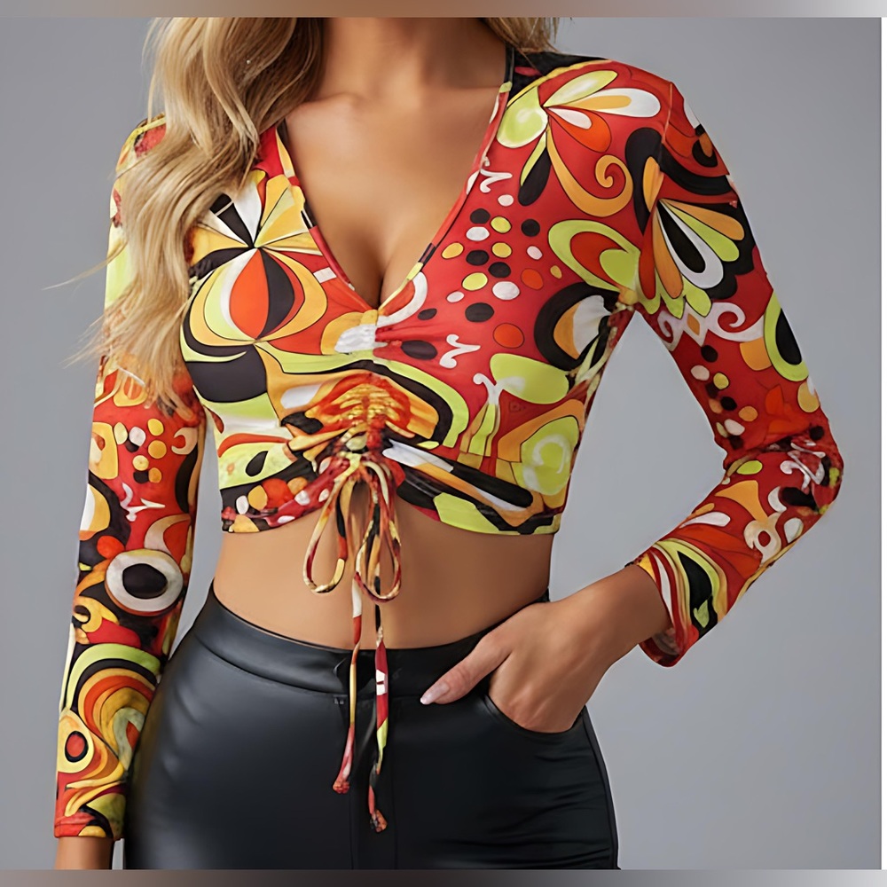 Boho Print Drawstring Crop Top - Picture 2 of 8